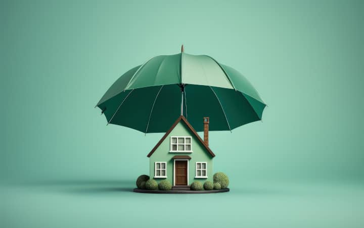 Maison avec un parapluie sur fond vert représentant une assurance habitation